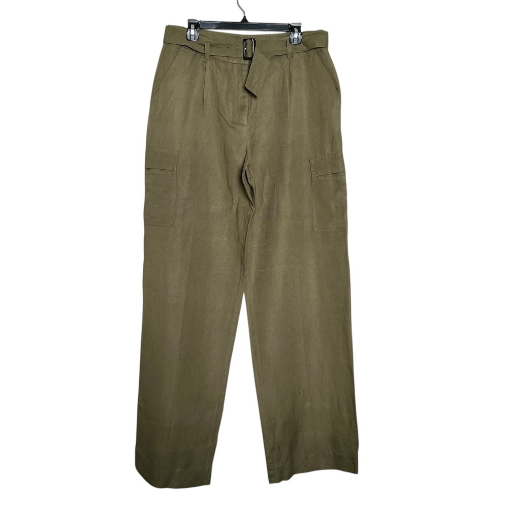 LOFT Olive Green Linen Blend Belted Wide Leg‎ Cargo Pants Size 10T Tall